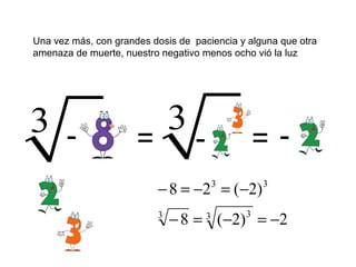 3 -
3
= -
2)2(8
)2(28
3 33
33
−=−=−
−=−=−
= -
Una vez más, con grandes dosis de paciencia y alguna que otra
amenaza de muerte, nuestro negativo menos ocho vió la luz
 