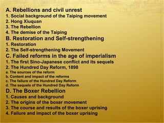 A. Rebellions and civil unrest
1. Social background of the Taiping movement
2. Hong Xiuquan
3. The Rebellion
4. The demise of the Taiping
B. Restoration and Self-strengthening
1. Restoration
2. The Self-strengthening Movement
C. Failed reforms in the age of imperialism
1. The first Sino-Japanese conflict and its sequels
2. The Hundred Day Reform, 1898
a. The sources of the reform
b. Content and impact of the reforms
c. The failure of the Hundred Day Reform
d. The sequels of the Hundred Day Reform
D. The Boxer Rebellion
1. Causes and background
2. The origins of the boxer movement
3. The course and results of the boxer uprising
4. Failure and impact of the boxer uprising
 