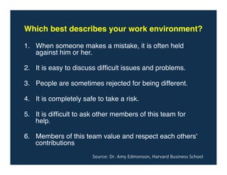 !
1.  When someone makes a mistake, it is often held
against him or her.!
2.  It is easy to discuss difﬁcult issues and problems.!
!
3.  People are sometimes rejected for being different.!
!
4.  It is completely safe to take a risk.!
!
5.  It is difﬁcult to ask other members of this team for
help. !
!
6.  Members of this team value and respect each others'
contributions!
Which best describes your work environment?!
	
Source:	Dr.	Amy	Edmonson,	Harvard	Business	School	
 