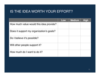 Low! Medium! High!
How much value would this idea provide?!
!
Does it support my organization’s goals?!
!
Do I believe it’s possible?!
!
Will other people support it?!
!
How much do I want to do it?!
!
IS THE IDEA WORTH YOUR EFFORT?!
12!
 