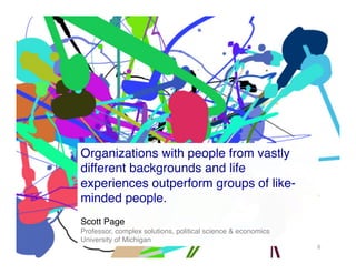 Organizations with people from vastly
different backgrounds and life
experiences outperform groups of like-
minded people.!
!
Scott Page!
Professor, complex solutions, political science & economics!
University of Michigan!
6!
 