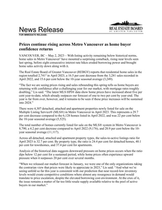 News Release
FOR IMMEDIATE RELEASE:
Prices continue rising across Metro Vancouver as home buyer
confidence returns
VANCOUVER, BC – May 2, 2023 – With listing activity remaining below historical norms,
home sales in Metro Vancouver1
have mounted a surprising comeback, rising near levels seen
last spring, before eight consecutive interest rate hikes eroded borrowing power and brought
home sales activity down along with it.
The Real Estate Board of Greater Vancouver (REBGV) reports that residential home sales in the
region totalled 2,7412
in April 2023, a 16.5 per cent decrease from the 3,281 sales recorded in
April 2022, and 15.6 per cent below the 10-year seasonal average (3,249).
“The fact we are seeing prices rising and sales rebounding this spring tells us home buyers are
returning with confidence after a challenging year for our market, with mortgage rates roughly
doubling,” Lis said. “The latest MLS HPI® data show home prices have increased about five per
cent year-to-date, which already outpaces our forecast of one to two per cent by year-end. The
year is far from over, however, and it remains to be seen if these price increases will be sustained
into 2024.”
There were 4,307 detached, attached and apartment properties newly listed for sale on the
Multiple Listing Service® (MLS®) in Metro Vancouver in April 2023. This represents a 29.7
per cent decrease compared to the 6,128 homes listed in April 2022, and was 22 per cent below
the 10-year seasonal average (5,525).
The total number of homes currently listed for sale on the MLS® system in Metro Vancouver is
8,790, a 4.2 per cent decrease compared to April 2022 (9,176), and 20.9 per cent below the 10-
year seasonal average (11,117).
Across all detached, attached and apartment property types, the sales-to-active listings ratio for
April 2023 is 32.7 per cent. By property type, the ratio is 24.4 per cent for detached homes, 40.1
per cent for townhomes, and 37.4 per cent for apartments.
Analysis of the historical data suggests downward pressure on home prices occurs when the ratio
dips below 12 per cent for a sustained period, while home prices often experience upward
pressure when it surpasses 20 per cent over several months.
“When we released our market forecast in January, we were one of the only organizations taking
the contrarian view that prices were likely to appreciate in 2023,” Lis said. “And what we’re
seeing unfold so far this year is consistent with our prediction that near record-low inventory
levels would create competitive conditions where almost any resurgence in demand would
translate to price escalation, despite the elevated borrowing cost environment. At the crux of it,
the issue remains a matter of far too little resale supply available relative to the pool of active
buyers in our market.”
 