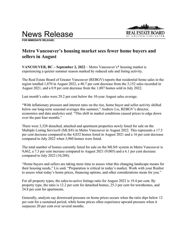 Real Estate Board of Greater Vancouver Statistics Package August 2022