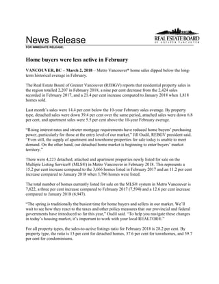 News Release
FOR IMMEDIATE RELEASE:
Home buyers were less active in February
VANCOUVER, BC – March 2, 2018 – Metro Vancouver* home sales dipped below the long-
term historical average in February.
The Real Estate Board of Greater Vancouver (REBGV) reports that residential property sales in
the region totalled 2,207 in February 2018, a nine per cent decrease from the 2,424 sales
recorded in February 2017, and a 21.4 per cent increase compared to January 2018 when 1,818
homes sold.
Last month’s sales were 14.4 per cent below the 10-year February sales average. By property
type, detached sales were down 39.4 per cent over the same period, attached sales were down 6.8
per cent, and apartment sales were 5.5 per cent above the 10-year February average.
“Rising interest rates and stricter mortgage requirements have reduced home buyers’ purchasing
power, particularly for those at the entry level of our market,” Jill Oudil, REBGV president said.
“Even still, the supply of apartment and townhome properties for sale today is unable to meet
demand. On the other hand, our detached home market is beginning to enter buyers’ market
territory.”
There were 4,223 detached, attached and apartment properties newly listed for sale on the
Multiple Listing Service® (MLS®) in Metro Vancouver in February 2018. This represents a
15.2 per cent increase compared to the 3,666 homes listed in February 2017 and an 11.2 per cent
increase compared to January 2018 when 3,796 homes were listed.
The total number of homes currently listed for sale on the MLS® system in Metro Vancouver is
7,822, a three per cent increase compared to February 2017 (7,594) and a 12.6 per cent increase
compared to January 2018 (6,947).
“The spring is traditionally the busiest time for home buyers and sellers in our market. We’ll
wait to see how they react to the taxes and other policy measures that our provincial and federal
governments have introduced so far this year,” Oudil said. “To help you navigate these changes
in today’s housing market, it’s important to work with your local REALTOR®.”
For all property types, the sales-to-active listings ratio for February 2018 is 28.2 per cent. By
property type, the ratio is 13 per cent for detached homes, 37.6 per cent for townhomes, and 59.7
per cent for condominiums.
 