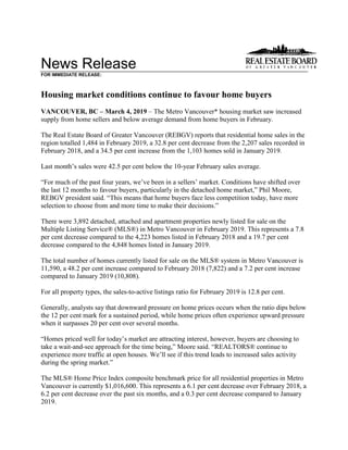 News Release
FOR IMMEDIATE RELEASE:
Housing market conditions continue to favour home buyers
VANCOUVER, BC – March 4, 2019 – The Metro Vancouver* housing market saw increased
supply from home sellers and below average demand from home buyers in February.
The Real Estate Board of Greater Vancouver (REBGV) reports that residential home sales in the
region totalled 1,484 in February 2019, a 32.8 per cent decrease from the 2,207 sales recorded in
February 2018, and a 34.5 per cent increase from the 1,103 homes sold in January 2019.
Last month’s sales were 42.5 per cent below the 10-year February sales average.
“For much of the past four years, we’ve been in a sellers’ market. Conditions have shifted over
the last 12 months to favour buyers, particularly in the detached home market,” Phil Moore,
REBGV president said. “This means that home buyers face less competition today, have more
selection to choose from and more time to make their decisions.”
There were 3,892 detached, attached and apartment properties newly listed for sale on the
Multiple Listing Service® (MLS®) in Metro Vancouver in February 2019. This represents a 7.8
per cent decrease compared to the 4,223 homes listed in February 2018 and a 19.7 per cent
decrease compared to the 4,848 homes listed in January 2019.
The total number of homes currently listed for sale on the MLS® system in Metro Vancouver is
11,590, a 48.2 per cent increase compared to February 2018 (7,822) and a 7.2 per cent increase
compared to January 2019 (10,808).
For all property types, the sales-to-active listings ratio for February 2019 is 12.8 per cent.
Generally, analysts say that downward pressure on home prices occurs when the ratio dips below
the 12 per cent mark for a sustained period, while home prices often experience upward pressure
when it surpasses 20 per cent over several months.
“Homes priced well for today’s market are attracting interest, however, buyers are choosing to
take a wait-and-see approach for the time being,” Moore said. “REALTORS® continue to
experience more traffic at open houses. We’ll see if this trend leads to increased sales activity
during the spring market.”
The MLS® Home Price Index composite benchmark price for all residential properties in Metro
Vancouver is currently $1,016,600. This represents a 6.1 per cent decrease over February 2018, a
6.2 per cent decrease over the past six months, and a 0.3 per cent decrease compared to January
2019.
 