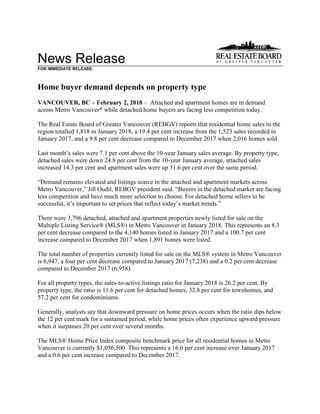 News Release
FOR IMMEDIATE RELEASE:
Home buyer demand depends on property type
VANCOUVER, BC – February 2, 2018 – Attached and apartment homes are in demand
across Metro Vancouver* while detached home buyers are facing less competition today.
The Real Estate Board of Greater Vancouver (REBGV) reports that residential home sales in the
region totalled 1,818 in January 2018, a 19.4 per cent increase from the 1,523 sales recorded in
January 2017, and a 9.8 per cent decrease compared to December 2017 when 2,016 homes sold.
Last month’s sales were 7.1 per cent above the 10-year January sales average. By property type,
detached sales were down 24.8 per cent from the 10-year January average, attached sales
increased 14.3 per cent and apartment sales were up 31.6 per cent over the same period.
“Demand remains elevated and listings scarce in the attached and apartment markets across
Metro Vancouver,” Jill Oudil, REBGV president said. “Buyers in the detached market are facing
less competition and have much more selection to choose. For detached home sellers to be
successful, it’s important to set prices that reflect today’s market trends.”
There were 3,796 detached, attached and apartment properties newly listed for sale on the
Multiple Listing Service® (MLS®) in Metro Vancouver in January 2018. This represents an 8.3
per cent decrease compared to the 4,140 homes listed in January 2017 and a 100.7 per cent
increase compared to December 2017 when 1,891 homes were listed.
The total number of properties currently listed for sale on the MLS® system in Metro Vancouver
is 6,947, a four per cent decrease compared to January 2017 (7,238) and a 0.2 per cent decrease
compared to December 2017 (6,958).
For all property types, the sales-to-active listings ratio for January 2018 is 26.2 per cent. By
property type, the ratio is 11.6 per cent for detached homes, 32.8 per cent for townhomes, and
57.2 per cent for condominiums.
Generally, analysts say that downward pressure on home prices occurs when the ratio dips below
the 12 per cent mark for a sustained period, while home prices often experience upward pressure
when it surpasses 20 per cent over several months.
The MLS® Home Price Index composite benchmark price for all residential homes in Metro
Vancouver is currently $1,056,500. This represents a 16.6 per cent increase over January 2017
and a 0.6 per cent increase compared to December 2017.
 