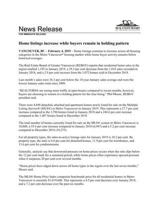 News Release
FOR IMMEDIATE RELEASE:
Home listings increase while buyers remain in holding pattern
VANCOUVER, BC – February 4, 2019 – Home listings continue to increase across all housing
categories in the Metro Vancouver* housing market while home buyer activity remains below
historical averages.
The Real Estate Board of Greater Vancouver (REBGV) reports that residential home sales in the
region totalled 1,103 in January 2019, a 39.3 per cent decrease from the 1,818 sales recorded in
January 2018, and a 2.9 per cent increase from the 1,072 homes sold in December 2018.
Last month’s sales were 36.3 per cent below the 10-year January sales average and were the
lowest January-sales total since 2009.
“REALTORS® are seeing more traffic at open houses compared to recent months, however,
buyers are choosing to remain in a holding pattern for the time being,” Phil Moore, REBGV
president said.
There were 4,848 detached, attached and apartment homes newly listed for sale on the Multiple
Listing Service® (MLS®) in Metro Vancouver in January 2019. This represents a 27.7 per cent
increase compared to the 3,796 homes listed in January 2018 and a 244.6 per cent increase
compared to the 1,407 homes listed in December 2018.
The total number of homes currently listed for sale on the MLS® system in Metro Vancouver is
10,808, a 55.6 per cent increase compared to January 2018 (6,947) and a 5.2 per cent increase
compared to December 2018 (10,275).
For all property types, the sales-to-active listings ratio for January 2019 is 10.2 per cent. By
property type, the ratio is 6.8 per cent for detached homes, 11.9 per cent for townhomes, and
13.6 per cent for condominiums.
Generally, analysts say that downward pressure on home prices occurs when the ratio dips below
the 12 per cent mark for a sustained period, while home prices often experience upward pressure
when it surpasses 20 per cent over several months.
“Home prices have edged down across all home types in the region over the last seven months,”
Moore said.
The MLS® Home Price Index composite benchmark price for all residential homes in Metro
Vancouver is currently $1,019,600. This represents a 4.5 per cent decrease over January 2018,
and a 7.2 per cent decrease over the past six months.
 