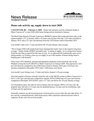 News Release
FOR IMMEDIATE RELEASE:
Home sale activity up, supply down to start 2020
VANCOUVER, BC – February 4, 2020 – Home sale and price activity remained steady in
Metro Vancouver* to start 2020 while home listing activity declined in January.
The Real Estate Board of Greater Vancouver (REBGV) reports that residential home sales in the
region totalled 1,571 in January 2020, a 42.4 per cent increase from the 1,103 sales recorded in
January 2019, and a 22.1 per cent decrease from the 2,016 homes sold in December 2019.
Last month’s sales were 7.3 per cent below the 10-year January sales average.
“We've begun 2020 with steady home buyer demand that tracks close to the region's long-term
average,” Ashley Smith, REBGV president said. “Looking at supply, we’re seeing fewer homes
listed for sale than is typical for this time of year. As we approach the traditionally more active
spring market, we’ll keep a close eye on supply to see if the number of homes being listed is
keeping pace with demand.”
There were 3,872 detached, attached and apartment properties newly listed for sale on the
Multiple Listing Service® (MLS®) in Metro Vancouver in January 2020. This represents a 20.1
per cent decrease compared to the 4,848 homes listed in January 2019 and a 143.8 per cent
increase compared to December 2019 when 1,588 homes were listed.
Last month’s new listings were 17.4 per cent below January’s 10-year average.
The total number of homes currently listed for sale on the MLS® system in Metro Vancouver is
8,617, a 20.3 per cent decrease compared to January 2019 (10,808) and a 0.2 per cent increase
compared to December 2019 (8,603), and is 13.7 per cent below the 10-year January average.
For all property types, the sales-to-active listings ratio for January 2020 is 18.2 per cent. By
property type, the ratio is 11.6 per cent for detached homes, 22.6 per cent for townhomes, and
23.9 per cent for apartments.
Generally, analysts say downward pressure on home prices occurs when the ratio dips below 12
per cent for a sustained period, while home prices often experience upward pressure when it
surpasses 20 per cent over several months.
 