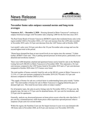 News Release
FOR IMMEDIATE RELEASE:
November home sales outpace seasonal norms and long-term
averages
Vancouver, B.C. – December 2, 2020 – Housing demand in Metro Vancouver* continues to
outpace historical averages with November sales eclipsing 3,000 for the first time since 2015.
The Real Estate Board of Greater Vancouver (REBGV) reports that residential home sales in the
region totalled 3,064 in November 2020, a 22.7 per cent increase from the 2,498 sales recorded
in November 2019, and a 16.9 per cent decrease from the 3,687 homes sold in October 2020.
Last month’s sales were 24.6 per cent above the 10-year November sales average and was the
second highest total in this period.
“Home buyer demand has been at near record levels in our region since the summer,” Colette
Gerber, REBGV Chair said. “This is putting upward pressure on home prices, particularly in our
detached and townhome markets."
There were 4,068 detached, attached and apartment homes newly listed for sale on the Multiple
Listing Service® (MLS®) in Metro Vancouver in November 2020. This represents a 36.2 per
cent increase compared to the 2,987 homes listed in November 2019 and a 27 per cent decrease
compared to October 2020 when 5,571 homes were listed.
The total number of homes currently listed for sale on the MLS® system in Metro Vancouver is
11,118, a 3.2 per cent increase compared to November 2019 (10,770) and a 10.5 per cent
decrease compared to October 2020 (12,416).
"The supply of homes for sale are a critical factor in understanding home price trends," Gerber
said. "The total number of homes for sale in Metro Vancouver is lagging behind the pace of
demand right now. This trend favours home sellers in today's market."
For all property types, the sales-to-active listings ratio for November 2020 is 27.6 per cent. By
property type, the ratio is 27.9 per cent for detached homes, 40.1 per cent for townhomes, and
23.9 per cent for apartments.
Generally, analysts say downward pressure on home prices occurs when the ratio dips below 12
per cent for a sustained period, while home prices often experience upward pressure when it
surpasses 20 per cent over several months.
Within the region, the Sunshine Coast saw the largest increase in year-over-year demand with
106 home sales in November 2020, an 82.8 per cent increase over November 2019 (58).
 
