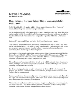 News Release
FOR IMMEDIATE RELEASE:
Home listings at four-year October high as sales remain below
typical levels
VANCOUVER, BC – November 2, 2018 –Home sale activity across Metro Vancouver*
remained below long-term historical averages in October.
The Real Estate Board of Greater Vancouver (REBGV) reports that residential home sales in the
region totalled 1,966 in October 2018, a 34.9 per cent decrease from the 3,022 sales recorded in
October 2017, and a 23.3 per cent increase compared to September 2018 when 1,595 homes
sold.
Last month’s sales were 26.8 per cent below the 10-year October sales average.
“The supply of homes for sale today is beginning to return to levels that we haven’t seen in our
market in about four years,” Phil Moore, REBGV president said. “For home buyers, this means
you have more selection to choose from. For sellers, it means your home may face more
competition, from other listings, in the marketplace.”
There were 4,873 detached, attached and apartment homes newly listed for sale on the Multiple
Listing Service® (MLS®) in Metro Vancouver in October 2018. This represents a 7.4 per cent
increase compared to the 4,539 homes listed in October 2017 and a 7.7 per cent decrease
compared to September 2018 when 5,279 homes were listed.
The total number of homes currently listed for sale on the MLS® system in Metro Vancouver is
12,984, a 42.1 per cent increase compared to October 2017 (9,137) and a 0.8 per cent decrease
compared to September 2018 (13,084).
For all property types, the sales-to-active listings ratio for October 2018 is 15.1 per cent. By
property type, the ratio is 10.3 per cent for detached homes, 17.3 per cent for townhomes, and
20.6 per cent for condominiums.
Generally, analysts say that downward pressure on home prices occurs when the ratio dips below
the 12 per cent mark for a sustained period, while home prices often experience upward pressure
when it surpasses 20 per cent over several months.
“Home prices have edged down between three and five per cent, depending on housing type, in
our region since June,” said Moore. “This is providing a little relief for those looking to buy
compared to the all-time highs we’ve experienced over the last year.”
 