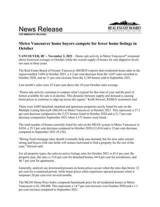 News Release
FOR IMMEDIATE RELEASE:
Metro Vancouver home buyers compete for fewer home listings in
October
VANCOUVER, BC – November 2, 2021 – Home sale activity in Metro Vancouver* remained
above historical averages in October while the overall supply of homes for sale dipped to levels
not seen in three years.
The Real Estate Board of Greater Vancouver (REBGV) reports that residential home sales in the
region totalled 3,494 in October 2021, a 5.2 per cent decrease from the 3,687 sales recorded in
October 2020, and an 11 per cent increase from the 3,149 homes sold in September 2021.
Last month’s sales were 22.4 per cent above the 10-year October sales average.
“Home sale activity continues to outpace what’s typical for this time of year and the pool of
homes available for sale is in decline. This dynamic between supply and demand is causing
home prices to continue to edge up across the region,” Keith Stewart, REBGV economist said.
There were 4,049 detached, attached and apartment properties newly listed for sale on the
Multiple Listing Service® (MLS®) in Metro Vancouver in October 2021. This represents a 27.3
per cent decrease compared to the 5,571 homes listed in October 2020 and a 21.7 per cent
decrease compared to September 2021 when 5,171 homes were listed.
The total number of homes currently listed for sale on the MLS® system in Metro Vancouver is
8,034, a 35.3 per cent decrease compared to October 2020 (12,416) and a 13 per cent decrease
compared to September 2021 (9,236).
“Rising fixed mortgage rates should eventually help ease demand, but for now sales remain
strong and buyers with rate holds will remain motivated to find a property for the rest of the
year,” Stewart said.
For all property types, the sales-to-active listings ratio for October 2021 is 43.5 per cent. By
property type, the ratio is 33.6 per cent for detached homes, 64.4 per cent for townhomes, and
46.7 per cent for apartments.
Generally, analysts say downward pressure on home prices occurs when the ratio dips below 12
per cent for a sustained period, while home prices often experience upward pressure when it
surpasses 20 per cent over several months.
The MLS® Home Price Index composite benchmark price for all residential homes in Metro
Vancouver is $1,199,400. This represents a 14.7 per cent increase over October 2020 and a 1.1
per cent increase compared to September 2021.
 