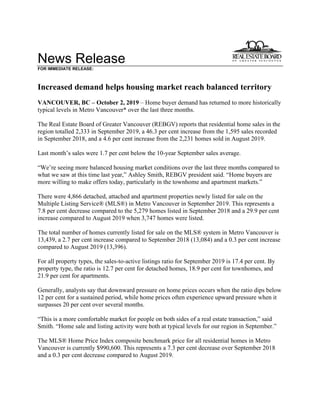 News Release
FOR IMMEDIATE RELEASE:
Increased demand helps housing market reach balanced territory
VANCOUVER, BC – October 2, 2019 – Home buyer demand has returned to more historically
typical levels in Metro Vancouver* over the last three months.
The Real Estate Board of Greater Vancouver (REBGV) reports that residential home sales in the
region totalled 2,333 in September 2019, a 46.3 per cent increase from the 1,595 sales recorded
in September 2018, and a 4.6 per cent increase from the 2,231 homes sold in August 2019.
Last month’s sales were 1.7 per cent below the 10-year September sales average.
“We’re seeing more balanced housing market conditions over the last three months compared to
what we saw at this time last year,” Ashley Smith, REBGV president said. “Home buyers are
more willing to make offers today, particularly in the townhome and apartment markets.”
There were 4,866 detached, attached and apartment properties newly listed for sale on the
Multiple Listing Service® (MLS®) in Metro Vancouver in September 2019. This represents a
7.8 per cent decrease compared to the 5,279 homes listed in September 2018 and a 29.9 per cent
increase compared to August 2019 when 3,747 homes were listed.
The total number of homes currently listed for sale on the MLS® system in Metro Vancouver is
13,439, a 2.7 per cent increase compared to September 2018 (13,084) and a 0.3 per cent increase
compared to August 2019 (13,396).
For all property types, the sales-to-active listings ratio for September 2019 is 17.4 per cent. By
property type, the ratio is 12.7 per cent for detached homes, 18.9 per cent for townhomes, and
21.9 per cent for apartments.
Generally, analysts say that downward pressure on home prices occurs when the ratio dips below
12 per cent for a sustained period, while home prices often experience upward pressure when it
surpasses 20 per cent over several months.
“This is a more comfortable market for people on both sides of a real estate transaction,” said
Smith. “Home sale and listing activity were both at typical levels for our region in September.”
The MLS® Home Price Index composite benchmark price for all residential homes in Metro
Vancouver is currently $990,600. This represents a 7.3 per cent decrease over September 2018
and a 0.3 per cent decrease compared to August 2019.
 