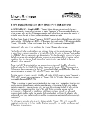 News Release
FOR IMMEDIATE RELEASE:
Below average home sales allow inventory to inch upwards
VANCOUVER, BC – March 2, 2023 – February listing data show a continued reluctance
among prospective home sellers to engage in Metro Vancouver’s* housing market, leading to
below-average sales activity. With sales remaining well-below historical norms, the number of
available homes for sale in the region have continued inching upwards.
The Real Estate Board of Greater Vancouver (REBGV) reports that residential home sales in the
region totalled 1,808 in February 2023, a 47.2 per cent decrease from the 3,424 sales recorded in
February 2022, and a 76.9 per cent increase from the 1,022 homes sold in January 2023.
Last month’s sales were 33 per cent below the 10-year February sales average.
“It’s hard to sell what you don’t have, and with new listing activity remaining among the lowest
in recent history, sales are struggling to hit typical levels for this point in the year,” said Andrew
Lis, REBGV’s director, economics and data analytics. “On the plus side for prospective buyers,
the below-average sales activity is allowing inventory to accumulate, which is keeping market
conditions from straying too deeply into sellers’ market territory, particularly in the more
affordably priced segments.”
There were 3,467 detached, attached and apartment properties newly listed for sale on the
Multiple Listing Service® (MLS®) in Metro Vancouver in February 2023. This represents a
36.6 per cent decrease compared to the 5,471 homes listed in February 2022 and a 5.2 per cent
increase compared to January 2023 when 3,297 homes were listed.
The total number of homes currently listed for sale on the MLS® system in Metro Vancouver is
7,868, a 16.7 per cent increase compared to February 2022 (6,742) and a 5.2 per cent increase
compared to January 2023 (7,478).
“While we continue to expect home price trends to show year-over-year declines for a few more
months, current data and market activity suggest pricing is firming up. In fact, some leading
indicators suggest we may see modest price increases this spring, particularly if sales activity
increases and mortgage rates hold steady,” Lis said. “In the somewhat unusual market
environment we find ourselves in right now with higher mortgage rates, fewer sales, and
inventory that is inching higher but remains far from abundant, working with a Realtor who
understands your local market conditions and has experience navigating challenging markets is
paramount.”
For all property types, the sales-to-active listings ratio for February 2023 is 23 per cent. By
property type, the ratio is 16.8 per cent for detached homes, 30.1 per cent for townhomes, and
25.8 per cent for apartments.
 