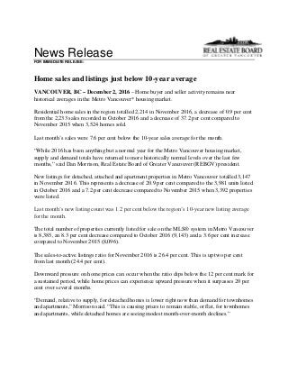 News Release
FOR IMMEDIATE RELEASE:
Home sales and listings just below 10-year average
VANCOUVER, BC – December 2, 2016 – Home buyer and seller activity remains near
historical averages in the Metro Vancouver* housing market.
Residential home sales in the region totalled 2,214 in November 2016, a decrease of 0.9 per cent
from the 2,233 sales recorded in October 2016 and a decrease of 37.2 per cent compared to
November 2015 when 3,524 homes sold.
Last month’s sales were 7.6 per cent below the 10-year sales average for the month.
“While 2016 has been anything but a normal year for the Metro Vancouver housing market,
supply and demand totals have returned to more historically normal levels over the last few
months,” said Dan Morrison, Real Estate Board of Greater Vancouver (REBGV) president.
New listings for detached, attached and apartment properties in Metro Vancouver totalled 3,147
in November 2016. This represents a decrease of 20.9 per cent compared to the 3,981 units listed
in October 2016 and a 7.2 per cent decrease compared to November 2015 when 3,392 properties
were listed.
Last month’s new listing count was 1.2 per cent below the region’s 10-year new listing average
for the month.
The total number of properties currently listed for sale on the MLS® system in Metro Vancouver
is 8,385, an 8.3 per cent decrease compared to October 2016 (9,143) and a 3.6 per cent increase
compared to November 2015 (8,096).
The sales-to-active listings ratio for November 2016 is 26.4 per cent. This is up two per cent
from last month (24.4 per cent).
Downward pressure on home prices can occur when the ratio dips below the 12 per cent mark for
a sustained period, while home prices can experience upward pressure when it surpasses 20 per
cent over several months.
“Demand, relative to supply, for detached homes is lower right now than demand for townhomes
and apartments,” Morrison said. “This is causing prices to remain stable, or flat, for townhomes
and apartments, while detached homes are seeing modest month-over-month declines.”
 