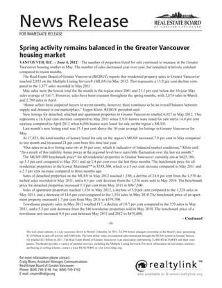 News Release
FOR IMMEDIATE RELEASE


Spring activity remains balanced in the Greater Vancouver
housing market
VANCOUVER, B.C. – June 4, 2012 – The number of properties listed for sale continued to increase in the Greater
Vancouver housing market in May. The number of sales decreased year over year, but remained relatively constant
compared to recent months.
  The Real Estate Board of Greater Vancouver (REBGV) reports that residential property sales in Greater Vancouver
reached 2,853 on the Multiple Listing Service® (MLS®) in May 2012. This represents a 15.5 per cent decline com-
pared to the 3,377 sales recorded in May 2011.
  May sales were the lowest total for the month in the region since 2001 and 21.1 per cent below the 10-year May
sales average of 3,617. However, sales have been constant throughout the spring months, with 2,874 sales in March
and 2,799 sales in April.
  “Home sellers have outpaced buyers in recent months, however, there continues to be an overall balance between
supply and demand in our marketplace,” Eugen Klein, REBGV president said.
  New listings for detached, attached and apartment properties in Greater Vancouver totalled 6,927 in May 2012. This
represents a 16.8 per cent increase compared to May 2011 when 5,931 homes were listed for sale and a 14.4 per cent
increase compared to April 2012 when 6,056 homes were listed for sale on the region’s MLS®.
  Last month’s new listing total was 15.3 per cent above the 10-year average for listings in Greater Vancouver for
May.
  At 17,835, the total number of homes listed for sale on the region’s MLS® increased 7.9 per cent in May compared
to last month and increased 21 per cent from this time last year.
  “Our sales-to-active-listing ratio sits at 16 per cent, which is indicative of balanced market conditions,” Klein said.
“As a result of this stability, home prices at the regional level have seen little fluctuation over the last six month.”
  The MLS® HPI benchmark price* for all residential properties in Greater Vancouver currently sits at $625,100,
up 3.3 per cent compared to May 2011 and up 2.4 per cent over the last three months. The benchmark price for all
residential properties in the Lower Mainland** is $558,300, which is a 3 per cent increase compared to May 2011 and
a 2.3 per cent increase compared to three months ago.
  Sales of detached properties on the MLS® in May 2012 reached 1,180, a decline of 24.8 per cent from the 1,570 de-
tached sales recorded in May 2011, and a 6.1 per cent decrease from the 1,256 units sold in May 2010. The benchmark
price for detached properties increased 5.1 per cent from May 2011 to $967,500.
  Sales of apartment properties reached 1,156 in May 2012, a decline of 5.9 per cent compared to the 1,228 sales in
May 2011, and a decrease of 14.6 per cent compared to the 1,354 sales in May 2010.The benchmark price of an apart-
ment property increased 1.7 per cent from May 2011 to $379,700.
  Townhome property sales in May 2012 totalled 517, a decline of 10.7 per cent compared to the 579 sales in May
2011, and a 5.3 per cent decrease from the 546 townhome properties sold in May 2010. The benchmark price of a
townhome unit increased 0.9 per cent between May 2011 and 2012 to $470,000.
                                                                                                                 – Continued
                                                                           -30-

    The real estate industry is a key economic driver in British Columbia. In 2011, 32,390 homes changed ownership in the Board’s area, generating
    $1.36 billion in spin-off activity and 9,069 jobs. The total dollar value of residential sales transacted through the MLS® system in Greater Vancou-
    ver totalled $25 billion in 2011. The Real Estate Board of Greater Vancouver is an association representing 11,000 REALTORS® and their com-
    panies. The Board provides a variety of member services, including the Multiple Listing Service®.For more information on real estate, statistics,
    and buying or selling a home, contact a local REALTOR® or visit www.rebgv.org.


For more information please contact:
Craig Munn, Assistant Manager, Communications
Real Estate Board of Greater Vancouver
Phone: (604) 730-3146 Fax: (604) 730-3102
E-mail: cmunn@rebgv.org                                                                              also available at  www.realtylink.org
 
