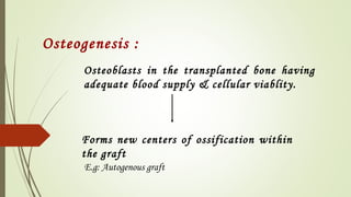 Osteogenesis :
Osteoblasts in the transplanted bone having
adequate blood supply & cellular viablity.
Forms new centers of ossification within
the graft
E.g: Autogenous graft
 