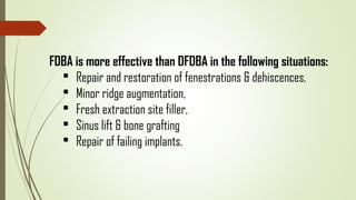 FDBA is more effective than DFDBA in the following situations:
 Repair and restoration of fenestrations & dehiscences,
 Minor ridge augmentation,
 Fresh extraction site filler,
 Sinus lift & bone grafting
 Repair of failing implants.
 