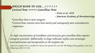 WHICH BONE TO USE….? ? ? ? ? ?
Cortical bone >>>>> Cancellous bone
- Urist et al, 1970
- American Academy of Periodontology
•Cancellous bone is more antigenic
•Cortical bone contains more bone matrix and consequently more osteoinductive
components
 Its high concentrations of osteoblasts and osteocytes give cancellous bone superior
osteogenic potential. Additionally, its large trabecular surface area encourages
revascularization and incorporation at the recipient site.
 Khan SN, Cammisa FP, Jr., Sandhu HS, Diwan AD, Girardi FP, Lane JM. The biology of bone grafting. J Am Acad
Orthop Surg. 2005;13:77–86.
 