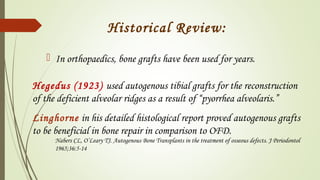 Historical Review:
 In orthopaedics, bone grafts have been used for years.
Hegedus (1923) used autogenous tibial grafts for the reconstruction
of the deficient alveolar ridges as a result of “pyorrhea alveolaris.”
Linghorne in his detailed histological report proved autogenous grafts
to be beneficial in bone repair in comparison to OFD.
Nabers CL, O’Leary TJ. Autogenous Bone Transplants in the treatment of osseous defects. J Periodontol
1965;36:5-14
 