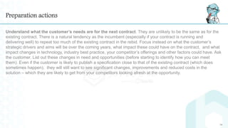 Preparation actions
Understand what the customer’s needs are for the next contract. They are unlikely to be the same as for the
existing contract. There is a natural tendency as the incumbent (especially if your contract is running and
delivering well) to repeat too much of the existing contract in the rebid. Focus instead on what the customer’s
strategic drivers and aims will be over the coming years, what impact these could have on the contract, and what
impact changes in technology, industry best practice, your competitor’s offerings and other factors could have. Ask
the customer. List out these changes in need and opportunities (before starting to identify how you can meet
them). Even if the customer is likely to publish a specification close to that of the existing contract (which does
sometimes happen), they will still want to see significant changes, improvements and reduced costs in the
solution – which they are likely to get from your competitors looking afresh at the opportunity.
14
 
