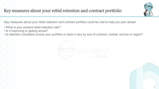Key measures about your rebid retention and contract portfolio
Key measures about your rebid retention and contract portfolio could be vital to help you plan ahead:
• What is your present rebid retention rate?
• Is it improving or getting worse?
• Is retention consistent across your portfolio or does it vary by size of contract, market, service or region?
5
 