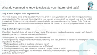 What do you need to know to calculate your future rebid task?
Step 4: Work out your rebid degrade curve
You rebid degrade curve is the reduction in turnover, profit or cash you face each year from losing your existing
contracts at rebid. You can work this out by listing your contract turnover, profit etc for each year until the end of
the contract. Adding up the total value of those contracts for each year gives you the Forward Order Book you
presently have. As each contract comes to its rebid assume the contract is lost – so you get no further income
from it.
Step 5: Work through scenarios
It’s unlikely (hopefully!) you will lose all of your rebids. There are any number of scenarios you can work through,
depending on the priorities and shape of your business
What happens if you apply your present rebid retention rate?
• You will potentially find your contracts increase profitability over time, but need to be rebid at a lower profit – what
impact does this have?
• What impact does getting all available extensions have?
• What impact does increasing your retention rate by 5% have?
• What impact would losing your three most profitable / largest contracts have?
• Which year(s) are at the biggest risk from rebids and would potentially mean a significant drop in turnover or
profit if you don’t win them? 8
 