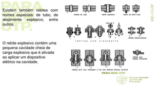 Existem também rebites com
nomes especiais: de tubo, de
alojamento explosivo, entre
outros.
O rebite explosivo contém uma
pequena cavidade cheia de
carga explosiva que é ativada
ao aplicar um dispositivo
elétrico na cavidade.
 