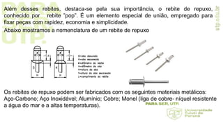 Além desses rebites, destaca-se pela sua importância, o rebite de repuxo,
conhecido por rebite ”pop”. É um elemento especial de união, empregado para
fixar peças com rapidez, economia e simplicidade.
Abaixo mostramos a nomenclatura de um rebite de repuxo
Os rebites de repuxo podem ser fabricados com os seguintes materiais metálicos:
Aço-Carbono; Aço Inoxidável; Alumínio; Cobre; Monel (liga de cobre- níquel resistente
a água do mar e a altas temperaturas).
 