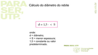 Cálculo do diâmetro do rebite
onde:
d = diâmetro;
< S = menor espessura;
1,5 = constante ou valor
predeterminado.
 