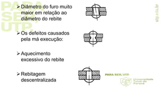 Diâmetro do furo muito
maior em relação ao
diâmetro do rebite
Os defeitos causados
pela má execução:
Aquecimento
excessivo do rebite
Rebitagem
descentralizada
 