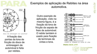 A fixação das
pontas da lona de
fricção do disco de
embreagem de
automóvel é feita
por rebites.
Outro exemplo de
aplicação, visto na
mesma figura, é a
fixação da lona de
fricção da sapata de
freio de automóvel.
O rebite também é
usado para fixação
de terminais de
cintas e lona.
Exemplos de aplicação de Rebites na área
automotiva.
 