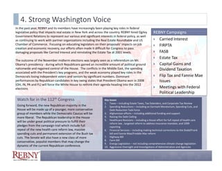 4. Strong Washington Voice
In the past year, REBNY and its members have increasingly been playing key roles in federal 
legislative policy that impacts real estate in New York and across the country. REBNY hired Ogilvy 
l i l ti      li th t i      t     l t t i N Y k d                 th      t REBNY hi d O il                REBNY Campaigns
                                                                                                            REBNY Campaigns
Government Relations to represent our various and significant interests in federal policy, as well 
as continuing to work with partner organizations including the Real Estate Roundtable and US                 Carried Interest
Chamber of Commerce.  Focusing on educating legislators on their proposals’ impacts on job                   FIRPTA
creation and economic recovery, our efforts often made it difficult for Congress to pass 
damaging proposals like Carried Interest and reinstating the Estate Tax at 2001 levels.   
damaging proposals like Carried Interest and reinstating the Estate Tax at 2001 levels.                      FASB
                                                                                                             Estate Tax
The outcome of the November midterm elections was largely seen as a referendum on Mr. 
Obama's presidency ‐ during which Republicans gained an incredible amount of political ground                Capital Gains and 
nationwide and regained control of the House.  The conflicts in the Middle East, the spending                  Dividend Taxation
associated with the President’s key programs, and the weak economy played key roles in the 
Democrats losing independent voters and seniors by significant numbers. Dominant                             Flip Ta and Fannie Mae
                                                                                                               Flip Tax and Fannie Mae 
performances by Republican candidates in key swing states that President Obama won in 2008                     Issues
(OH, IN, PA and FL) will force the White House to rethink their agenda heading into the 2012 
elections.                                                                                                   Meetings with Federal 
                                                                                                               Political Leadership
 Watch for in the 112th Congress                                  Key Issues
                                                                  1. Taxes – including Estate Taxes, Tax Extenders, and Corporate Tax Review
 Going forward, the new Republican majority in the                2. Spending Reductions – including an Earmark Moratorium, Spending Cuts, and 
 House will be made up of a younger, more conservative                Debt Reduction Task Force
 group of members while the Democratic Caucus will be             3. Afghanistan efforts – including additional funding and support
 more liberal.  The Republican leadership in the House 
 more liberal The Republican leadership in the House              4. Raising the Debt Ceiling 
                                                                             g               g
                                                                  5. Healthcare Revisions – including a House effort for full repeal of health care 
 will be under great political pressure to fulfill their 
                                                                      reform law , targeted reform to address insurance mandate, and 1099 
 pledges from the campaign trail which include full                   reporting
 repeal of the new health care reform law, massive                6. Financial Services – including making technical corrections to the Dodd/Frank 
 spending cuts and permanent extension of the Bush tax                bill and Fannie Mae/Freddie Mac reform
 cuts. The Senate will also have a new class of more              7. Highway Bill
                                                                  8.
                                                                  8 Farm Bill ill
 conservative, populist members that may change the 
                                                                  9. Energy Legislation – not including comprehensive climate change legislation 
 dynamic of the current Republican conference.                    10. Aggressive Oversight and Investigations of Administration and Agencies
 