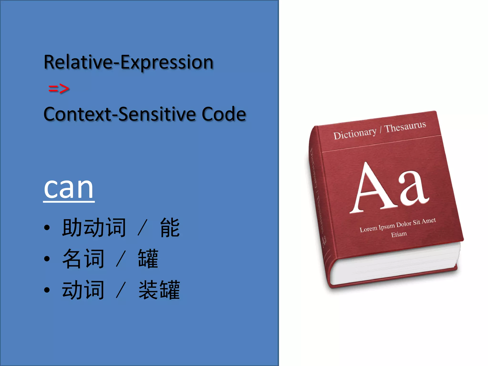 Relative-Expression
=>
Context-Sensitive Code


can
• 助动词 / 能
• 名词 / 罐
• 动词 / 装罐
 