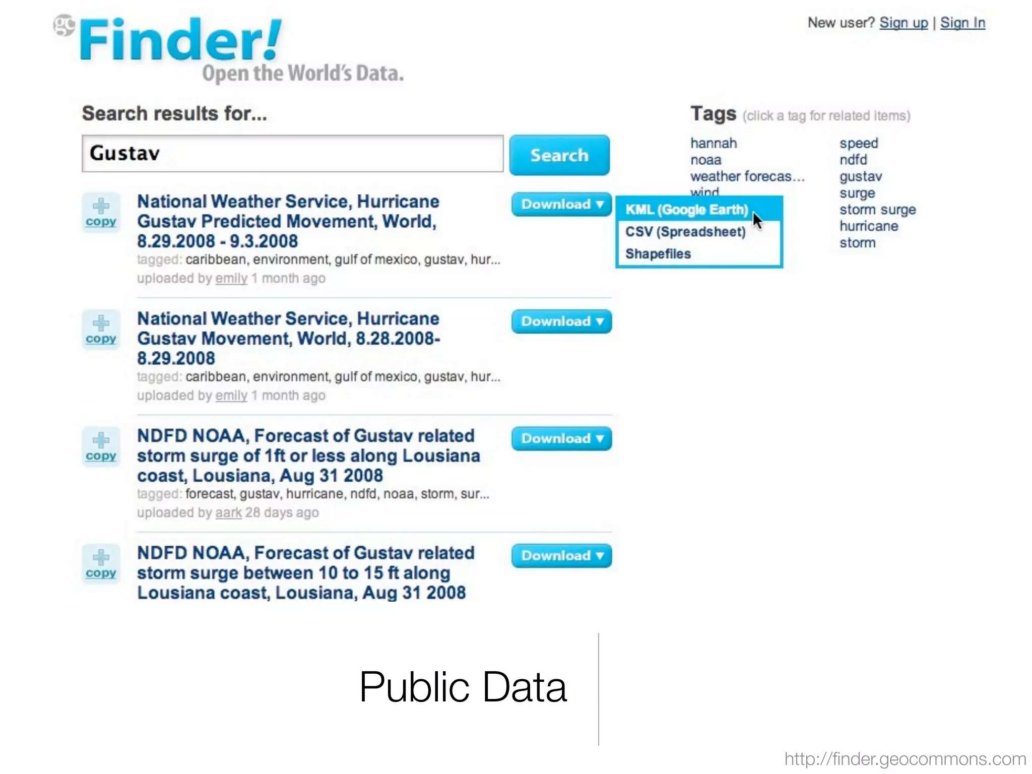 Public Data
              http://ﬁnder.geocommons.com
 
