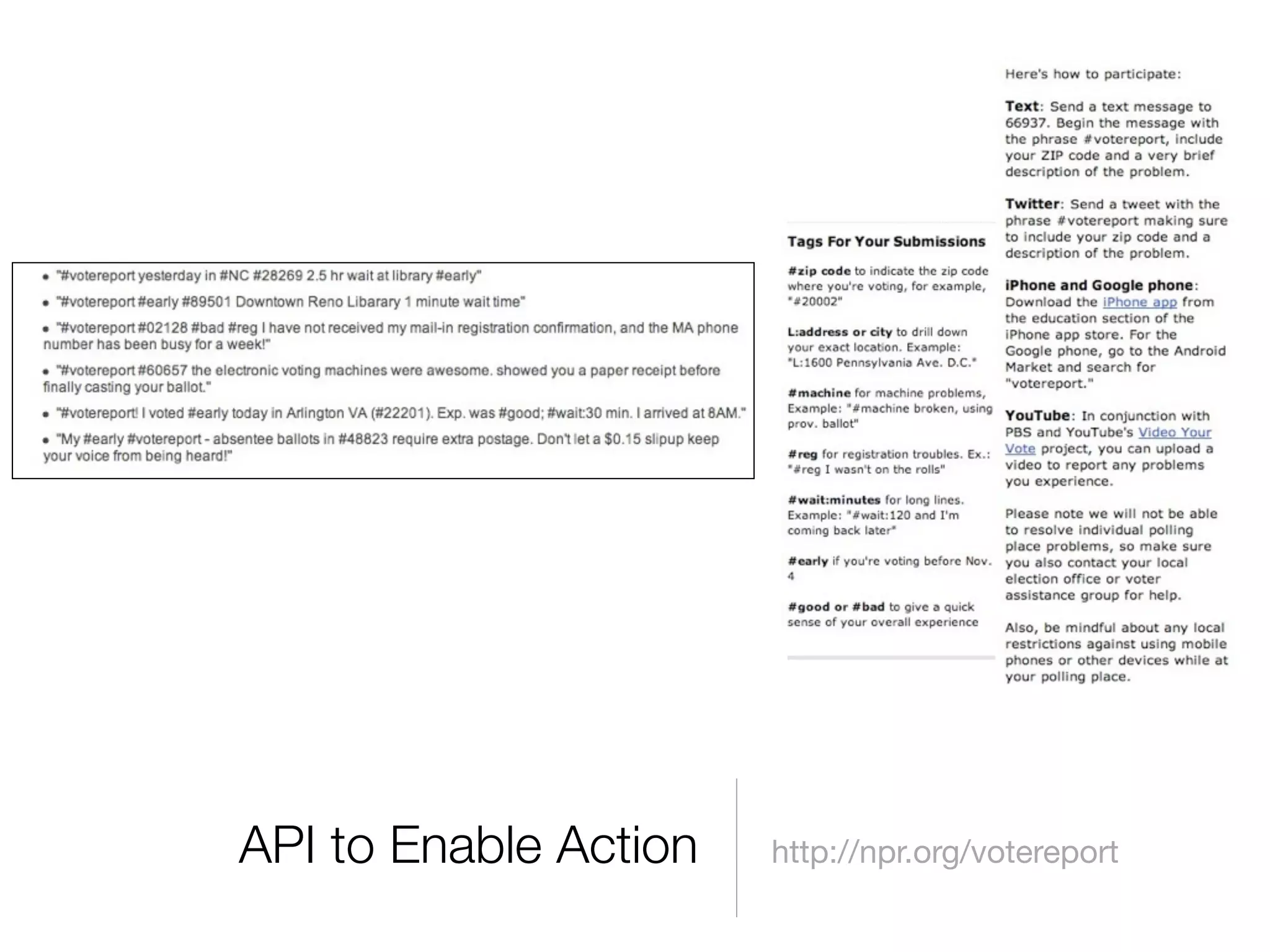 API to Enable Action   http://npr.org/votereport
 