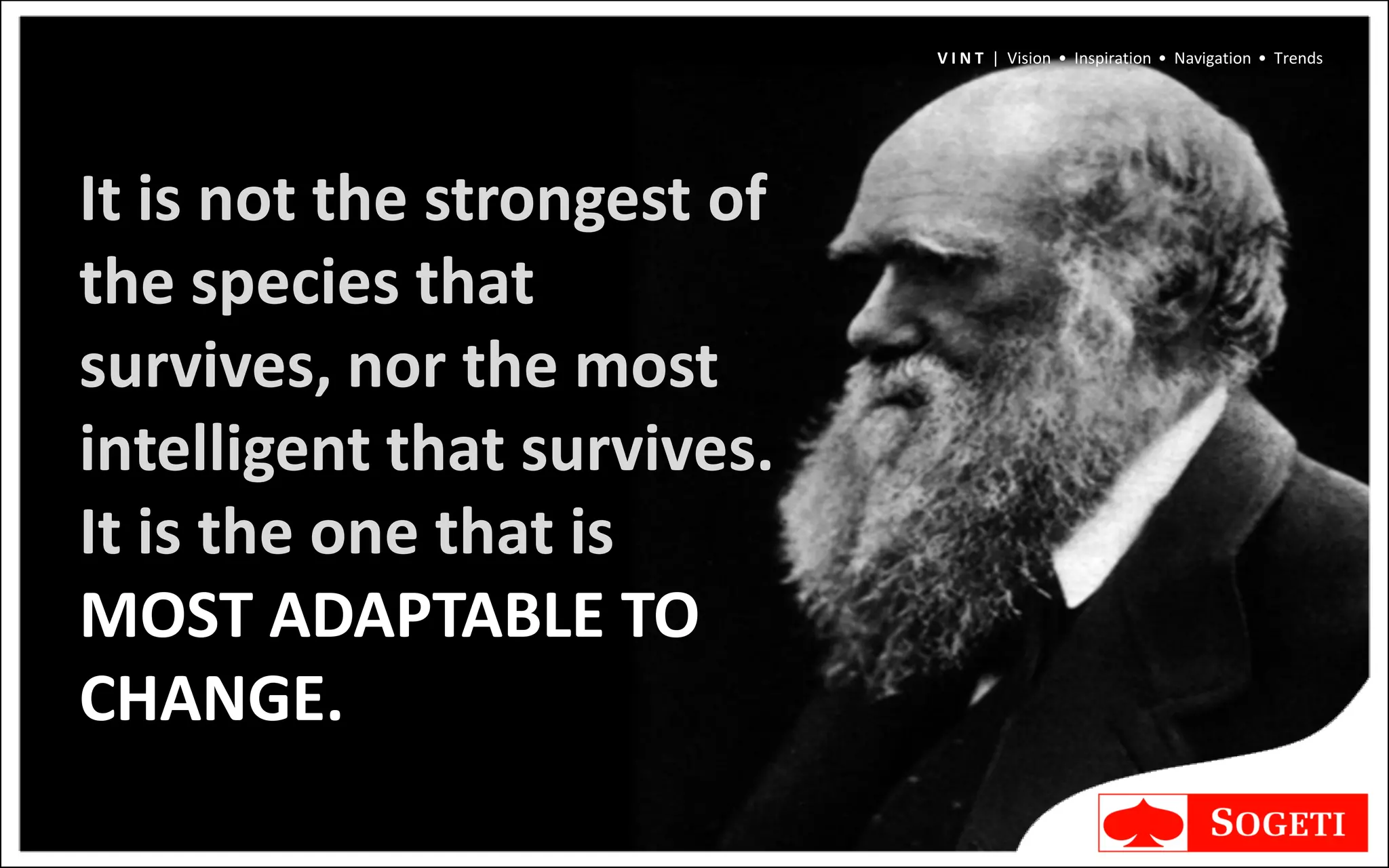 V I N T | Vision • Inspiration • Navigation • Trends




It is not the strongest of
the species that
survives, nor the most
intelligent that survives.
It is the one that is
MOST ADAPTABLE TO
CHANGE.
 