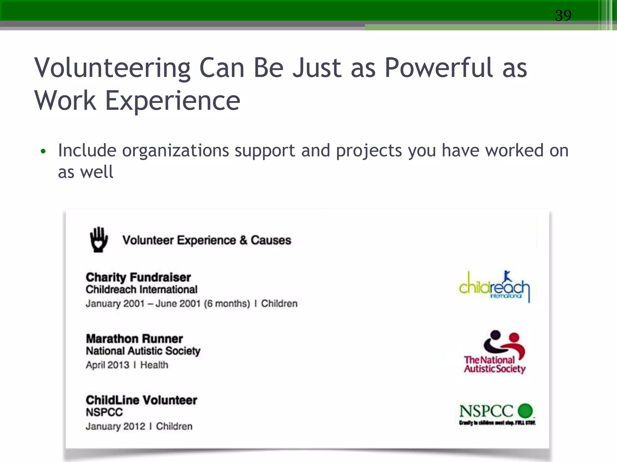 Volunteering Can Be Just as Powerful as
Work Experience
• Include organizations support and projects you have worked on
as well
39
 