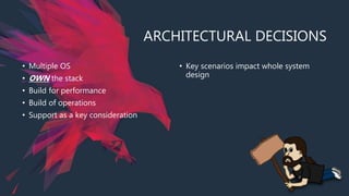 ARCHITECTURAL DECISIONS
• Multiple OS
• OWN the stack
• Build for performance
• Build of operations
• Support as a key consideration
• Key scenarios impact whole system
design
 