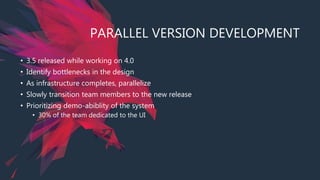 PARALLEL VERSION DEVELOPMENT
• 3.5 released while working on 4.0
• Identify bottlenecks in the design
• As infrastructure completes, parallelize
• Slowly transition team members to the new release
• Prioritizing demo-abiblity of the system
• 30% of the team dedicated to the UI
 