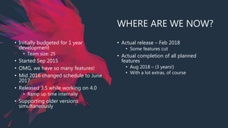 WHERE ARE WE NOW?
• Initially budgeted for 1 year
development
• Team size: 25
• Started Sep 2015
• OMG, we have so many features!
• Mid 2016 changed schedule to June
2017
• Released 3.5 while working on 4.0
• Ramp up time internally
• Supporting older versions
simultaneously
• Actual release – Feb 2018
• Some features cut
• Actual completion of all planned
features
• Aug 2018 – (3 years!)
• With a lot extras, of course
 