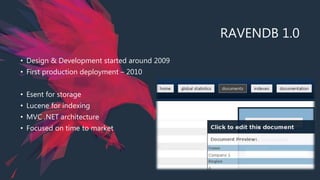 RAVENDB 1.0
• Design & Development started around 2009
• First production deployment – 2010
• Esent for storage
• Lucene for indexing
• MVC .NET architecture
• Focused on time to market
 