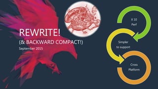 REWRITE!
(& BACKWARD COMPACT!)
September 2015
X 10
Perf
Simpler
to support
Cross
Platform
 