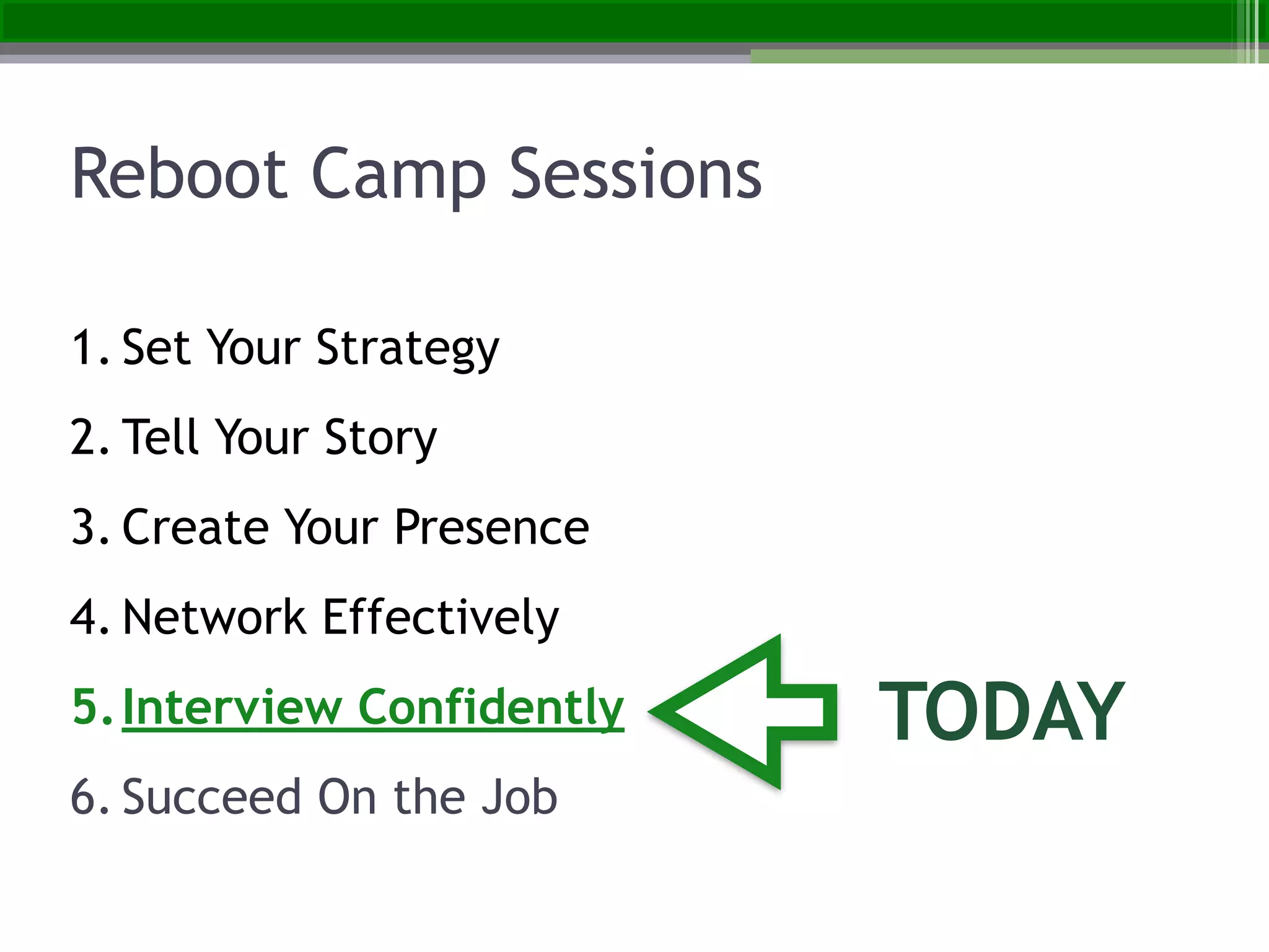 1. Set Your Strategy
2. Tell Your Story
3. Create Your Presence
4. Network Effectively
5.Interview Confidently
6. Succeed On the Job
Reboot Camp Sessions
TODAY
 