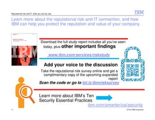 Reputational risk and IT: what you can do now


Learn more about the reputational risk and IT connection, and how
IBM can help you protect the reputation and value of your company.



                                 Download the full study report includes all you’ve seen
                                  today, plus other important findings

                                         www.ibm.com/services/riskstudy

                                    Add your voice to the discussion
                                 Take the reputational risk survey online and get a
                                  complimentary copy of the upcoming expanded
                                                                             report
                               Scan the code or go to bit.ly/ibmrisksurvey


                               Learn more about IBM’s Ten
                               Security Essential Practices
                                                         ibm.com/smarter/cai/security
17                                                                                         © 2012 IBM Corporation
 