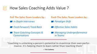 How Sales Coaching Adds Value ?
Pull The Sales Team Leaders by :
▰ In Depth Interviews
▰ Feed-Forward / Feed Back
▰ Team Coaching Concepts &
Conversations
Push The Sales Team Leaders by :
▰ Paradigm Shift
▰ Effective Sales habits
▰ Managing Underperformance
in Teams
10
 