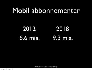 6.6 mia.
Mobil abbonnementer
9.3 mia.
2012 2018
Kilde: Ericsson (November 2012)
fredag den 30. august 13
 