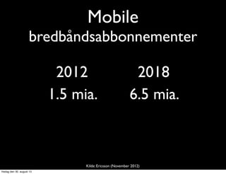 1.5 mia.
Mobile
bredbåndsabbonnementer
6.5 mia.
2012 2018
Kilde: Ericsson (November 2012)
fredag den 30. august 13
 