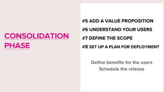 #5 ADD A VALUE PROPOSITION
#6 UNDERSTAND YOUR USERS
#7 DEFINE THE SCOPE
#8 SET UP A PLAN FOR DEPLOYMENT
Define benefits for the users
Schedule the release
CONSOLIDATION
PHASE
 