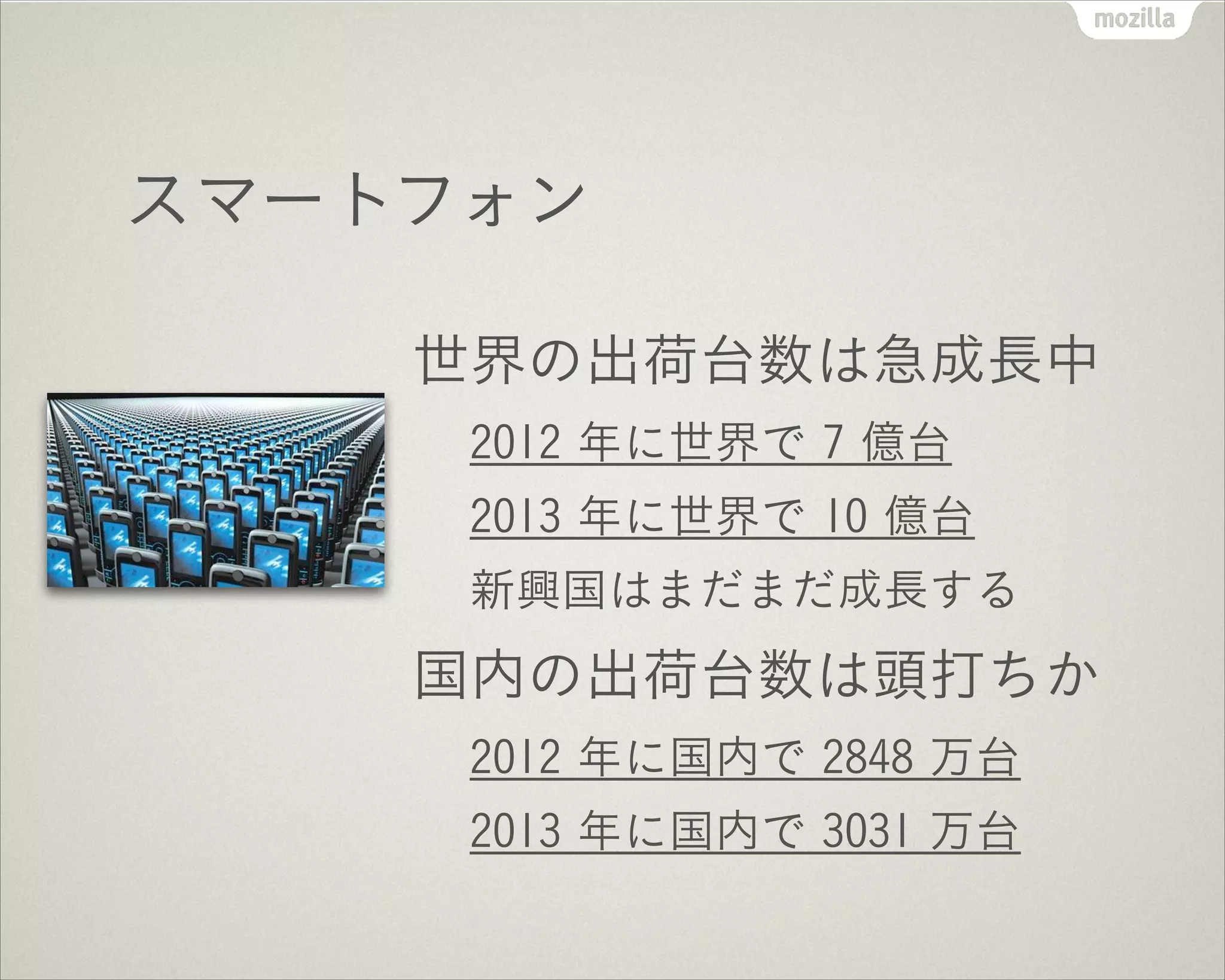 スマートフォン
世界の出荷台数は急成長中
2012 年に世界で 7 億台
2013 年に世界で 10 億台
新興国はまだまだ成長する
国内の出荷台数は頭打ちか
2012 年に国内で 2848 万台
2013 年に国内で 3031 万台
 