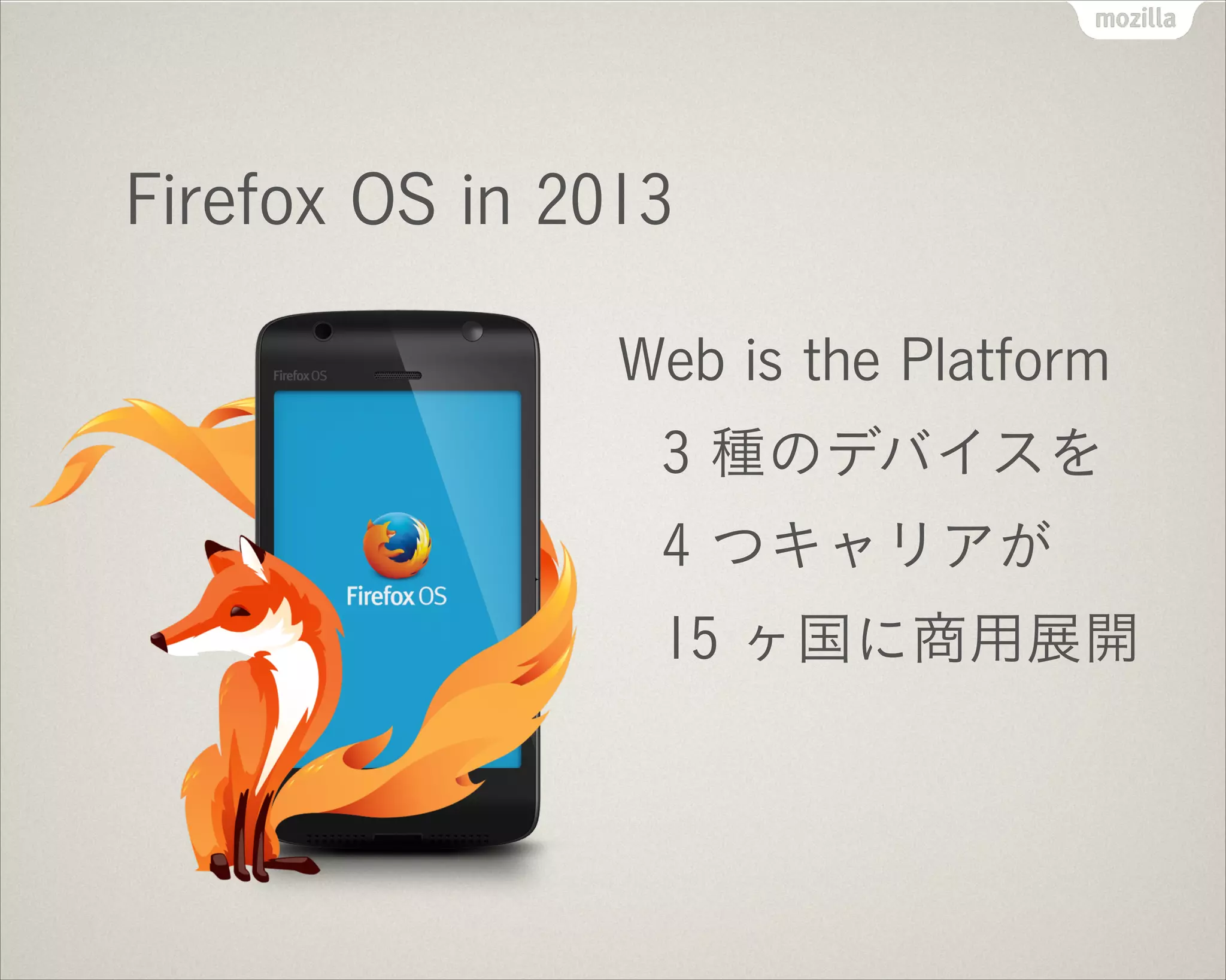 Firefox OS in 2013
Web is the Platform
3 種のデバイスを
4 つキャリアが
15 ヶ国に商用展開
 